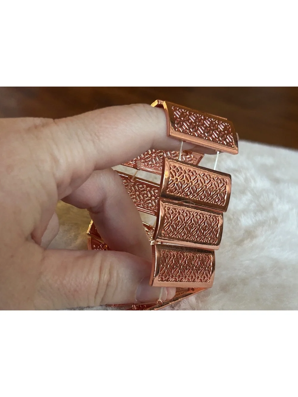 Wide Rose Gold Tone Stretch Bangle Bracelet with Intricate Pattern